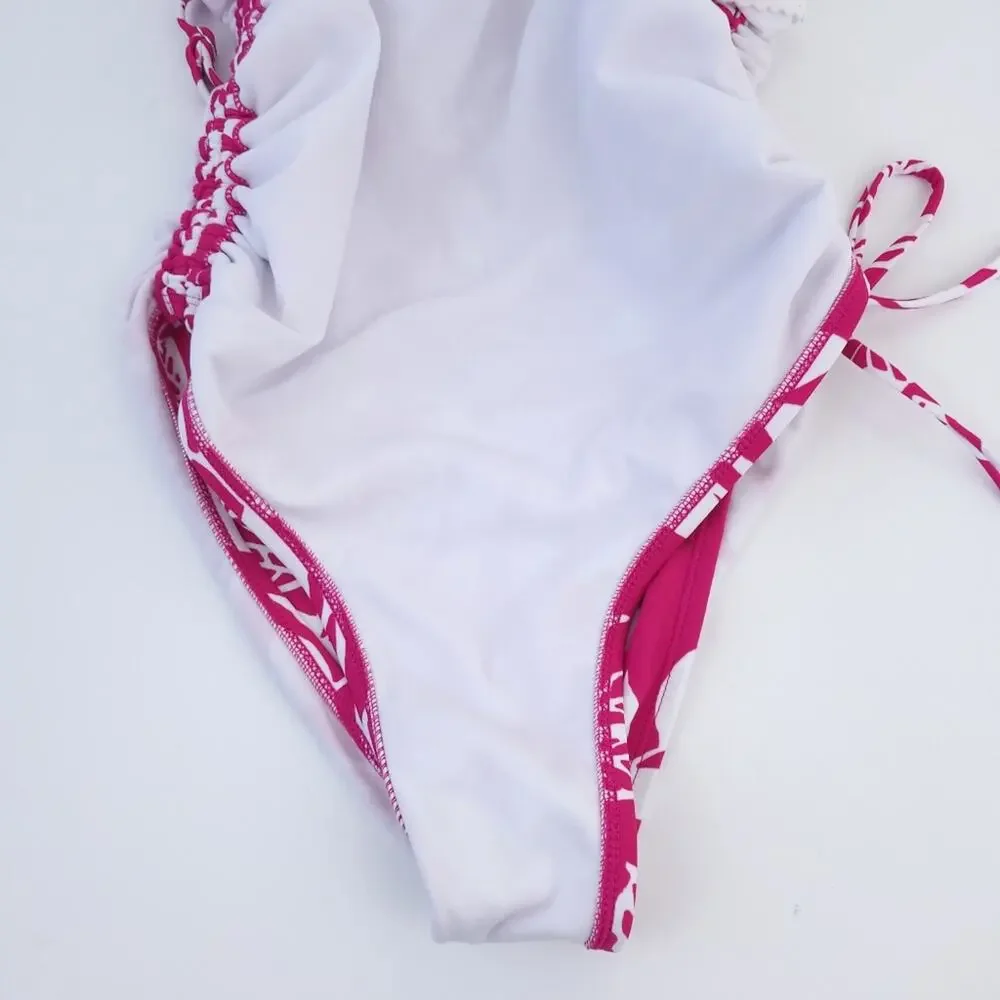 Kona Sol One Piece Swimsuit Small Pink & White Floral, Ruched Sides Excellent